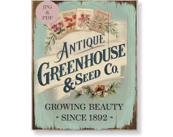 Antique Greenhouse Sign Vintage Botanical Seed Co Art Faithful Garden Wall Decor Printable Christian Gift for Her Farmhouse Style Download