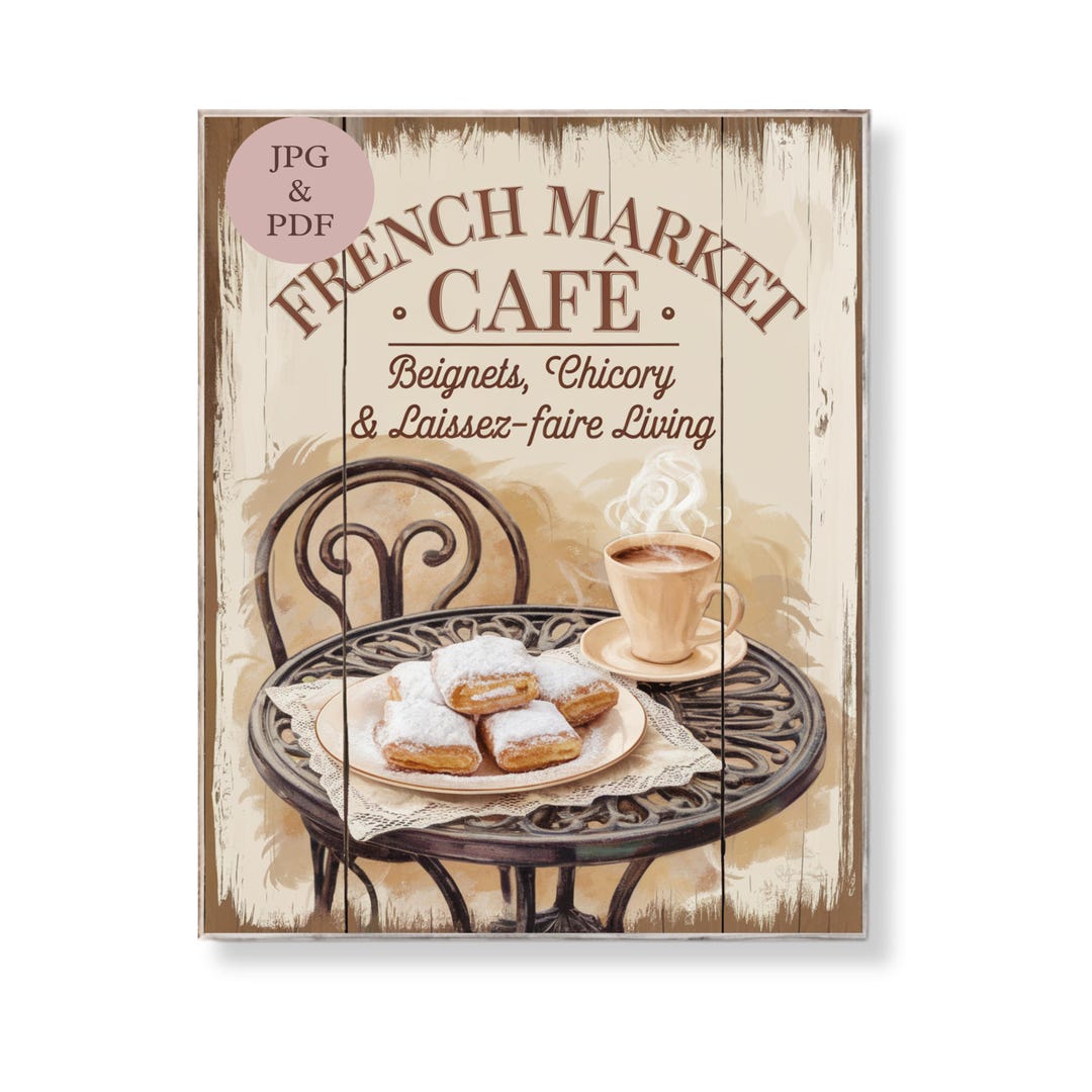 French Market Cafe Wall Art Printable Vintage Beignet Kitchen Decor ...