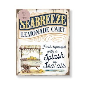 Znak wózka z lemoniadą Seabreeze Coastal Summer Wall Art Shabby Chic Beach Kitchen Printable Vintage Lemon Stand Digital Decor Instant Download