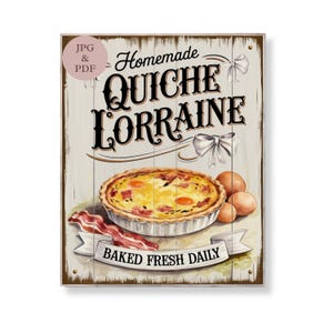 Zelfgemaakte quiche Lorraine bord Franse brunch keuken kunst Shabby chique ontbijt wanddecoratie Vintage eieren en spek afdrukbare Instant Download