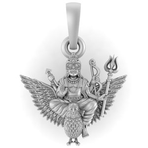 May include: Silver pendant featuring a detailed depiction of a Hindu deity riding a bird, holding a trident and bow and arrow. The pendant has a loop at the top for attaching a chain.