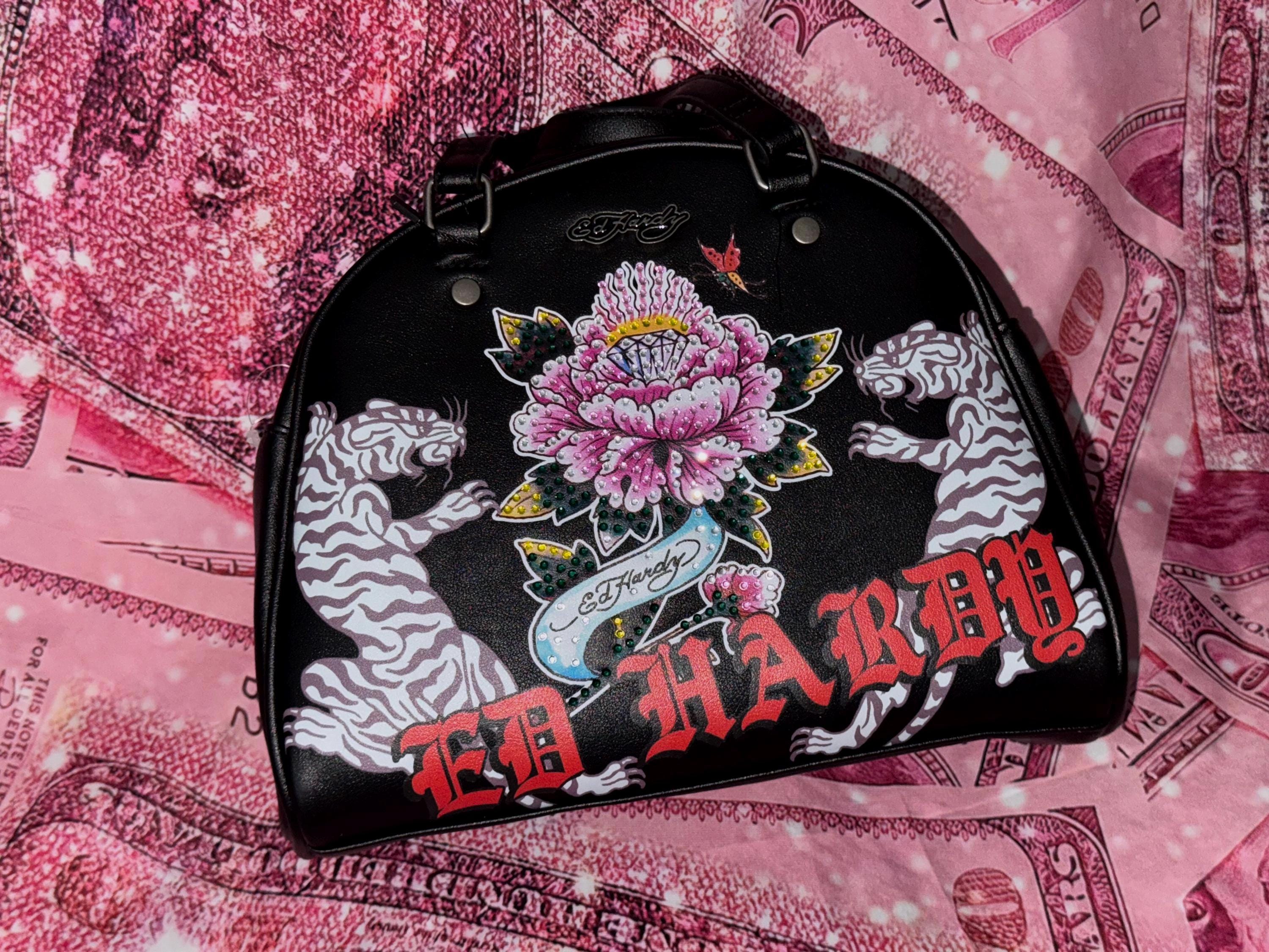 Ed Hardy Black Rhinestone Rose Shoulder Bag • Y2K Tattoo Script