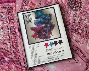 May include: A framed print of the album cover for Future's DS2 (Deluxe) album. The cover features a colorful abstract design of pink, blue, and purple ink swirling in water. The album title, artist name, and release date are printed below the image. The album was released on July 17, 2015.