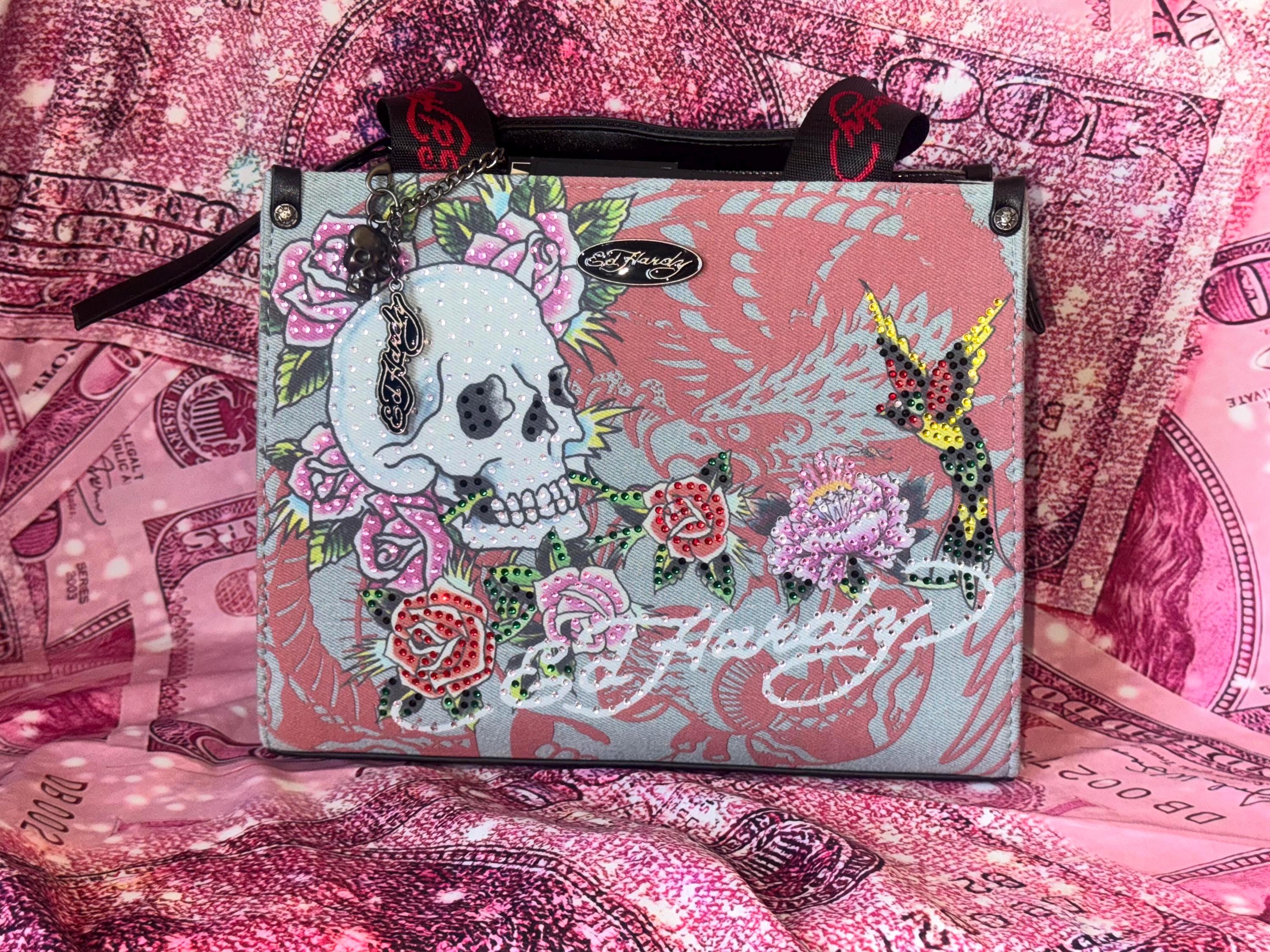 Ed Hardy Y2K Pink Denim Skull Rose Rhinestone Tote Bag NWT 