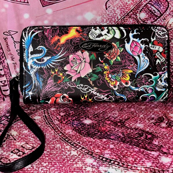 Ed Hardy schwarze Tattoo Geldbörse | Totenkopf Rose Y2K Biker