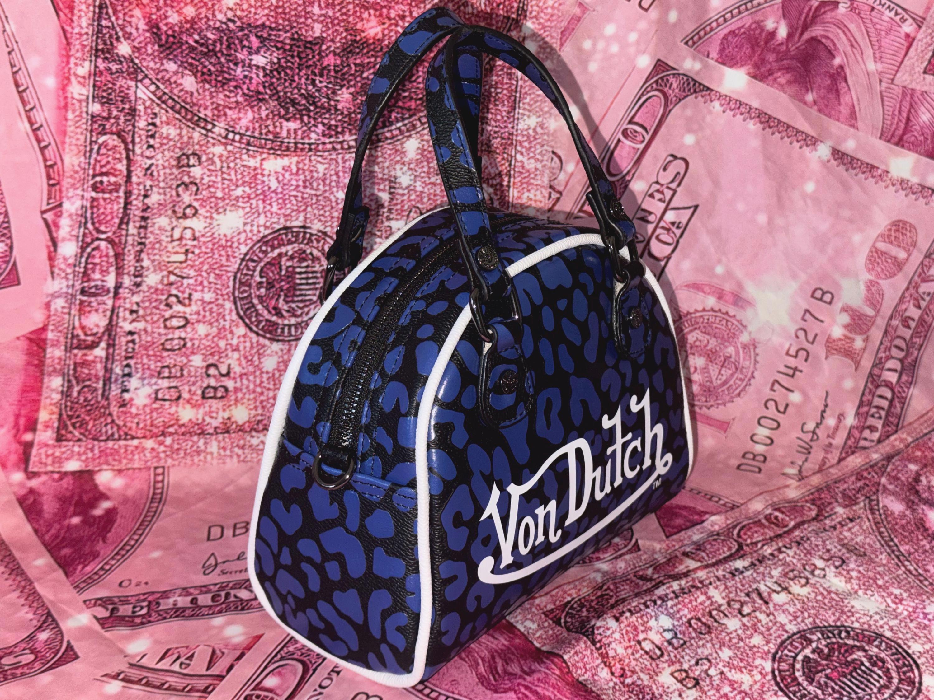 Von Dutch Blue Leopard Mini Satchel Y2K Shoulder Bag Logo Print