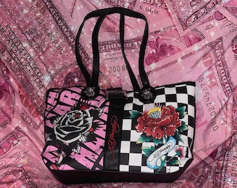 【激レア】Ed Hardy エドハーディー トートバッグ Y2K タトゥー 薔薇 Ed Hardy Skull & Roses Shoulder Bag Y2K Tattoo Print Designer