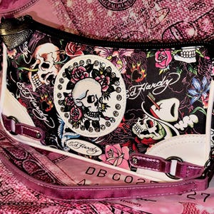 Ed Hardy Skull & Roses Shoulder Bag Y2K Tattoo Print Designer