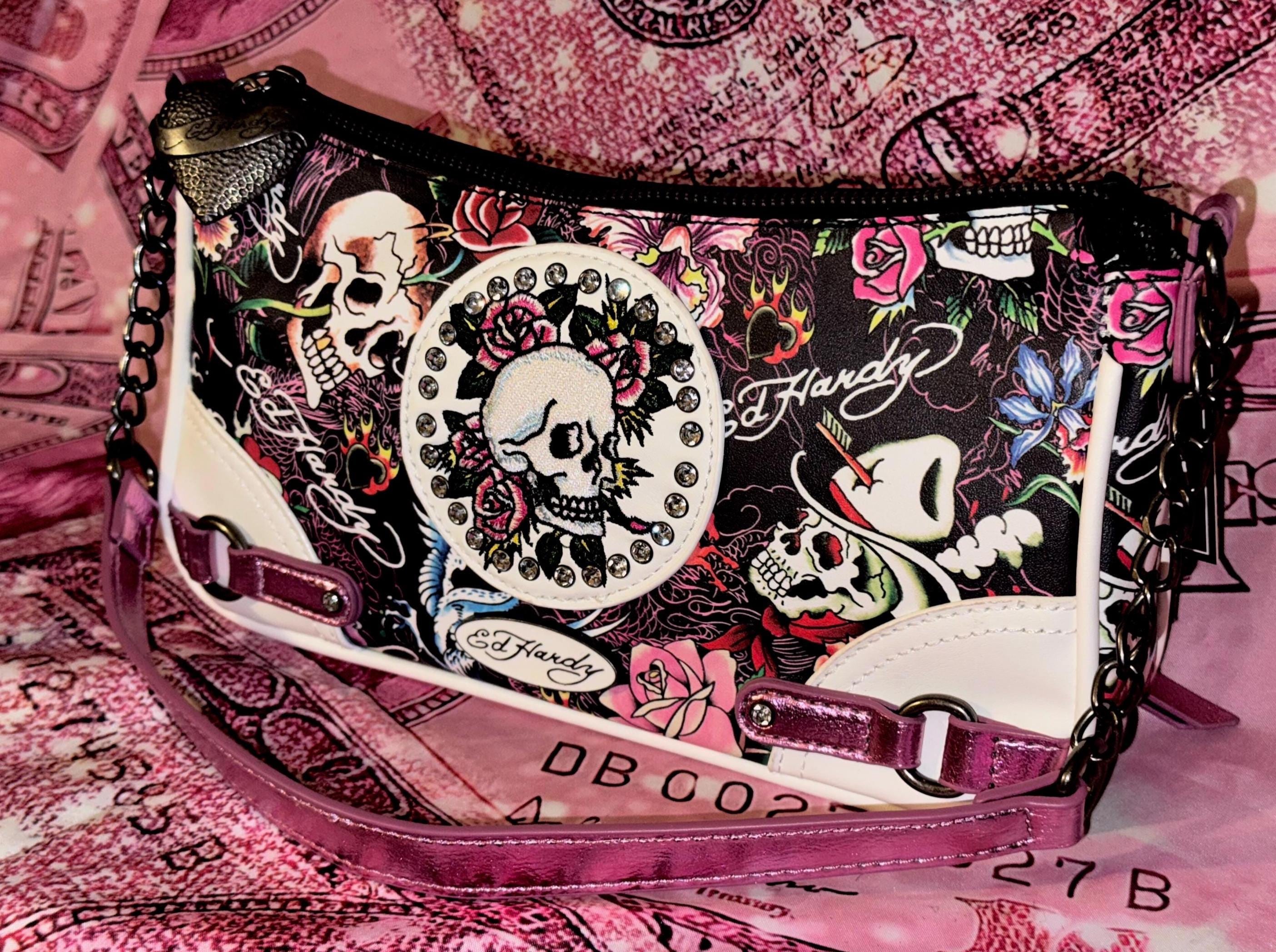 Ed Hardy Skull & Roses Shoulder Bag Y2K Tattoo Print Designer