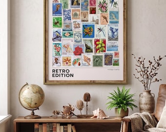 Vintage Travel Art, Stamp Collage Print, Digital Download