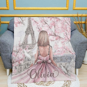 Cherry Blossom Blanket Personalized Blanket Paris Girl Custom Name Blanket France Travel Blanket Eiffel Tower Gift For Her Valentines Gift