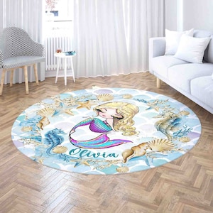 Little Mermaid Round Rug, Under the Sea Nursery Carpet, Underwater World Home Decor, Girls Room Decor, Circle Playmat, Kids Birthday Gift