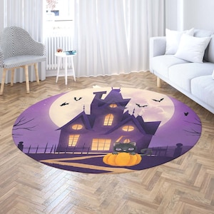 Spooky Halloween Round Rug, Scary Gothic Castle Carpet, Pumpkin Black Cat Halloween Party Decor, Trick Or Treat Kids Room PlayMat