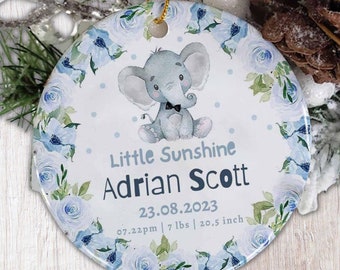 Decorazione a forma di elefante, regalo per neonato, decorazioni con statistiche di nascita, decorazione personalizzata per il primo Natale, ricordo del neonato, annuncio di nascita personalizzato