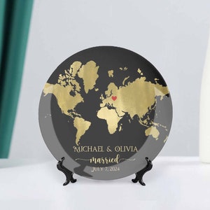 Mapa del mundo Placa de boda Recuerdo casado Regalo de recién casado Sr. Sra. Placa colgante de pared personalizada Regalo de aniversario de boda Placa de novia y novio