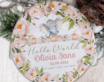 Elefante, regalo per neonato, decorazioni con statistiche di nascita, decorazioni natalizie personalizzate, ricordo del neonato, decorazioni personalizzate per annuncio di nascita