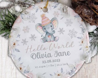 Ornamento elefante, decorazioni per le statistiche di nascita, ricordo per neonato, regalo per neonato, primo ornamento natalizio personalizzato, annuncio di nascita personalizzato