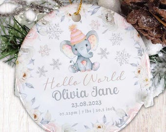 Spersonalizowana ozdoba z okazji narodzin zimowego słonia, pamiątka z płatkami śniegu dla noworodka
