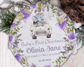 Decorazione natalizia per il primo bambino, ricordo del primo Natale del bambino, decorazione personalizzata con le statistiche di nascita, decorazione personalizzata a forma di elefante, regalo per neomamma