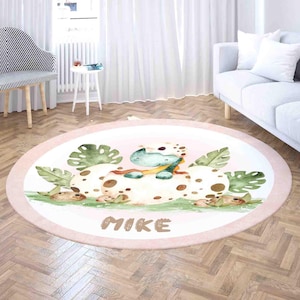 Baby Dino Teppich, Runder Teppich mit Name, Kinderteppich, Tropischer Dschungel Teppich, Dinosaurier Party Wohnkultur, Safari Tiere Kinderzimmer Kreis Teppich