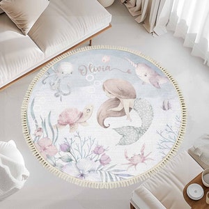 Baby Mermaid Round Rug Ocean Sea Animals Carpet Custom Nursery Mat Girls Room Decor Kids Playroom Mat Children Play Mat Cotton Area Rug