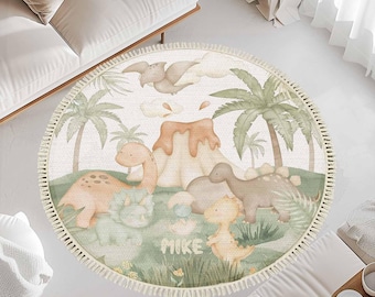 Custom Dinosaur Baby Rug, Kids Play Mat, Dino Nursery Carpet, Cotton Area Rug for Boys Room Decor
