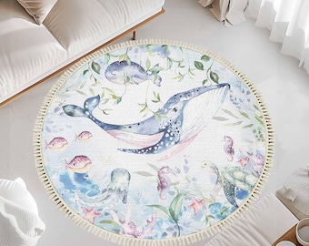 Whale Nursery Round Rug, Ocean Animal Baby Room Carpet, Toddler Play Mat