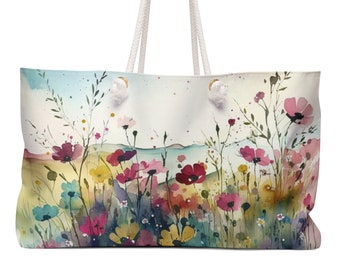 Wildflower Meadow Weekender Bag, Floral Beach Bag, Summer Flowers Tote Bag, Spring Picnic Bag, Girls Trip Getaway Gift, Cottagecore Gift