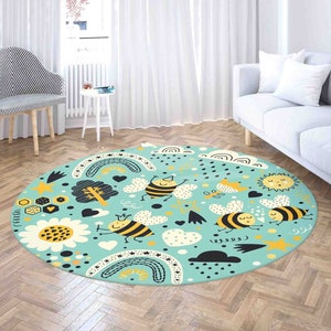 Honey Bees Round Rug, Boho Rainbow Carpet, Spring Daisy Floral Home Decor, Nursery Kids Room PlayMat, Living Room Circle Floor Mat