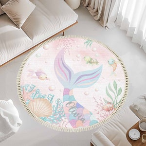 Mermaid Round Rug Under the Sea Nursery Carpet Under The Sea Animals Kids Room Circle Playmat Child Playroom Rug Cotton Area Rug