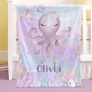 Coperta per neonati con motivo a polpo marino, personalizzata, per la cameretta dei bambini, con animali dell&#39;oceano, coperta con nome personalizzato, regalo per baby shower per bambine.