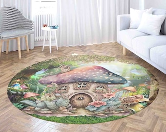 Enchanted Forest Round Rug, Fantasy Mushroom House Carpet, Magical Forest Home Decor, Fairy Tale World Kids Playroom Area Mat, Spring Nature