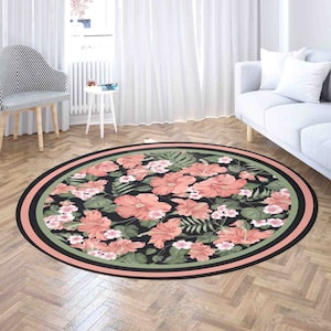 Spring Floral Hibiscus Round Rug, Cottagecore Home Decor Carpet, Nursery Kids Room PlayMat, Round Bathroom Mat, Living Room Circle Floor Mat