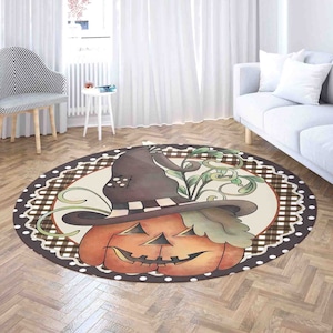 Spooky Halloween Round Rug, Pumpkin Witch Carpet, Scary Home Decor, Nursery Kids Room PlayMat, Round Kitchen Mat, Circle Floor Mat