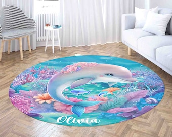 Alfombra redonda con estampado floral de delfines, alfombra de juegos infantil con animales marinos, decoración para sala de juegos con temática submarina.
