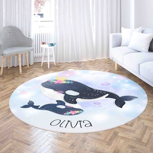 Mama und Baby Wal personalisierte Name Teppich Teppich, Ozean Meer Tier Wohnkultur Kinderzimmer Kinderzimmer Matte, Badezimmer Wohnzimmer Kreis Bodenmatte