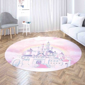 Rosa Prinzessin Schloss Runder Teppich, Märchen Teppich, Babypartygeschenk, Babyzimmer Dekor, Kinderzimmer Kreis Krabbeldecke, Kindergeburtstagsgeschenk