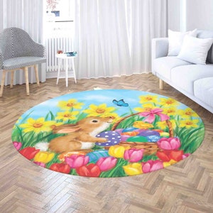 Easter Eggs Bunny Round Rug, Year of Rabbit Carpet, Spring Flowers Home Decor, Baby Shower Gift, Baby Bunny Nursery Mat, Kids Room Playmat,