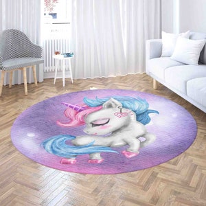 Little Unicorn Rug Nursery Kids Room Playmat Playroom Carpet Living Room Circle Floor Mat Baby Girls Room Decor