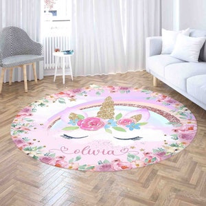 Rainbow Unicorn Face Round Rug, Floral Unicorn Head Nursery Carpet, Kids Room Playmat, Flower Baby Shower Gift, Living Room Circle Floor Mat