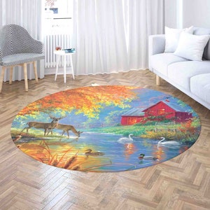Autumn Scenery Lake Round Rug, Fall Leaves Home Decor, Swan Deer Animal Carpet, Thanksgiving Gift, Baby Nursery Mat, Kids Room Playmat