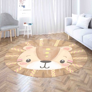 Baby Lion Head Face Carpet Rug, Safari Animal Party Home Decor Nursery Kids Room Mat, Round Bathroom Living Room Circle Floor Mat