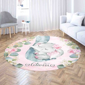 Runder Teppich mit Elefant, personalisierter Wildtier-Kinderzimmerteppich, Frühlingsblumen-Wohnkultur, Kinderzimmer-Spielmatte, Babypartygeschenk