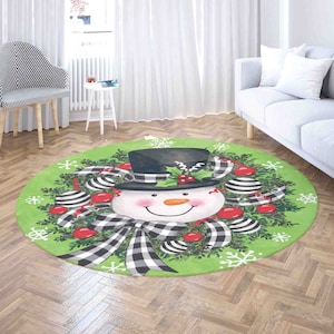 Christmas Snowman Wreath Carpet Rug, Winter Snow Mat, Xmas Home Decor Nursery Kids Room Mat, Round Bath Mat, Circle Kitchen Floor Area Mat