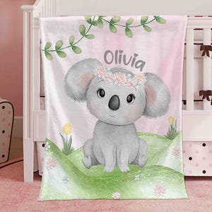 Baby Koala Baby Blanket Personalized Animals Nursery Blanket Pink Flowers Kids Custom Name Blanket Spring Floral Baby Shower Gift For Girls
