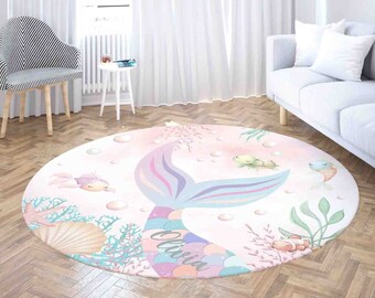 Personalized Mermaid Round Rug, Undersea Nursery Decor