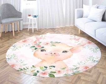 Pig Nursery Rug, Pink Floral Farm Animal Round Play Mat, Cottagecore Decor