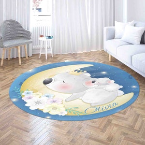 Mom and Baby Koala Round Rug, Custom Name Nursery Carpet, Moon Night Sky Home Decor, Kids Room Playmat, Safari Animal Party Decor