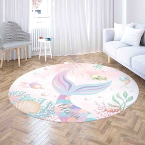 Personalised Mermaid Round Rug, Under the Sea Nursery Carpet, Underwater Animals Home Decor, Kids Room Circle Playmat, Kids Birthday Gift