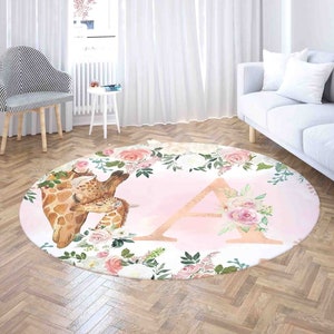 Mama und Baby Giraffe Kinderzimmer Matte, runder Teppich mit benutzerdefiniertem Alphabet, Safari-Tierteppich, Babyzimmerdekor, Babypartygeschenk, Kindergeburtstagsgeschenk